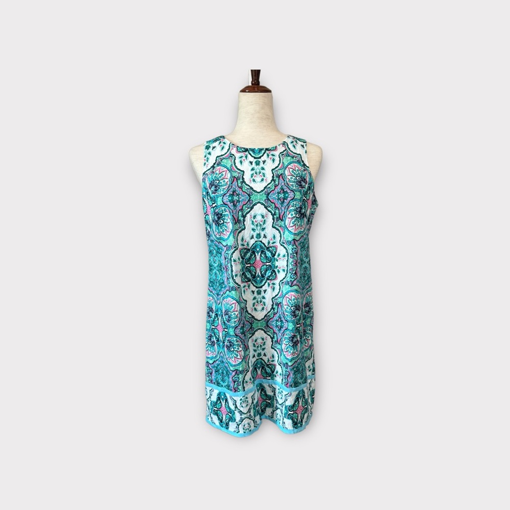 London Times Women’s Sleeveless Dress Aqua Teal Green Mosaic Floral Print Size 8
